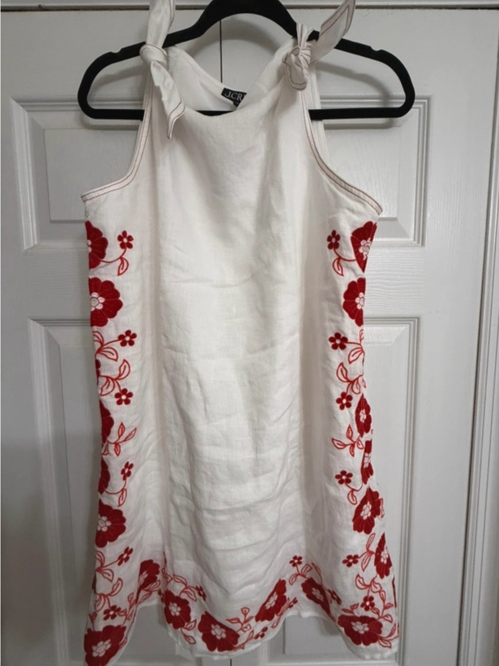 J. Crew White Linen Mini Dress with Red Floral Embroidery